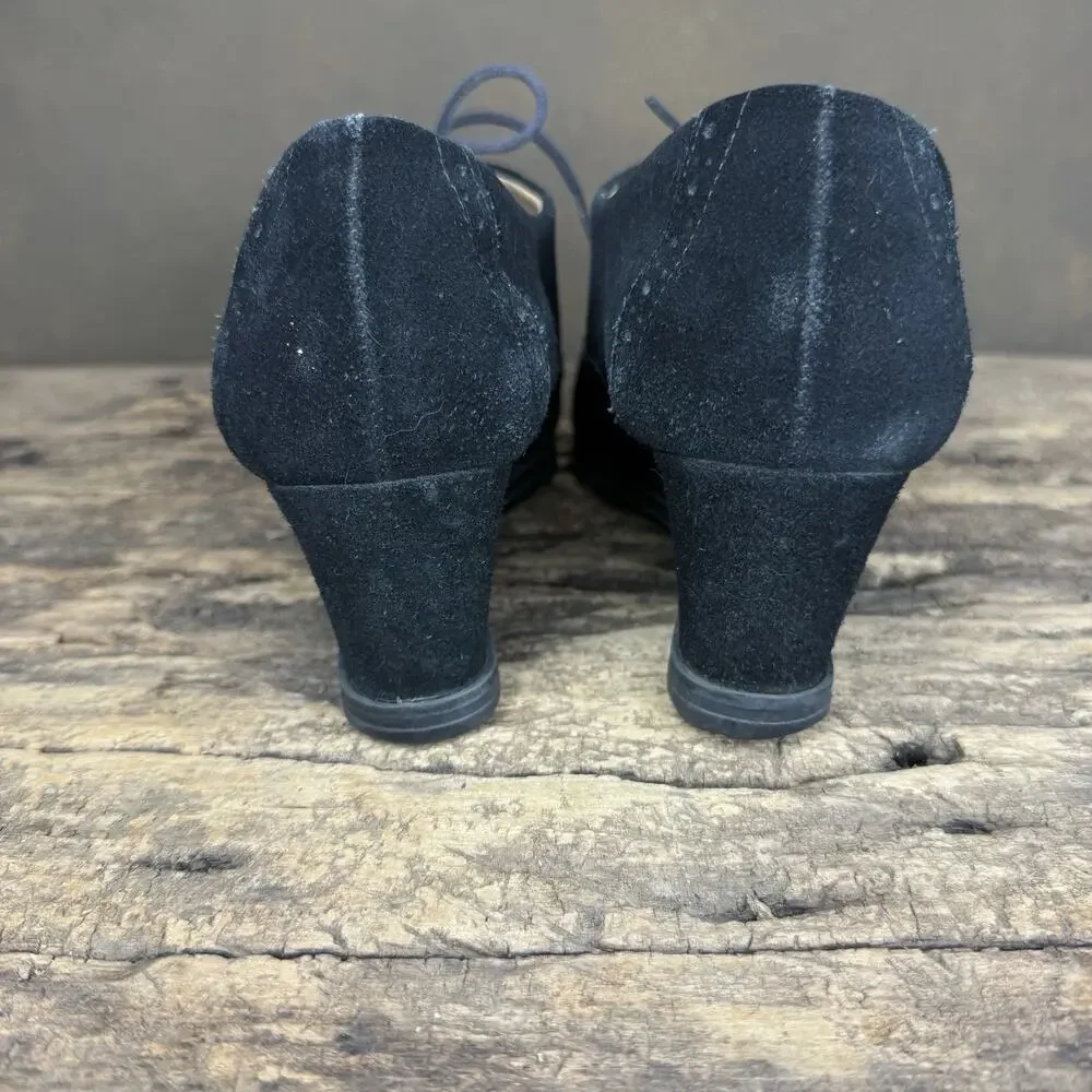 Ellen Tracy Tobin Black Suede Leather Comfort Wedge Heel Oxfords Women’s 7.5
